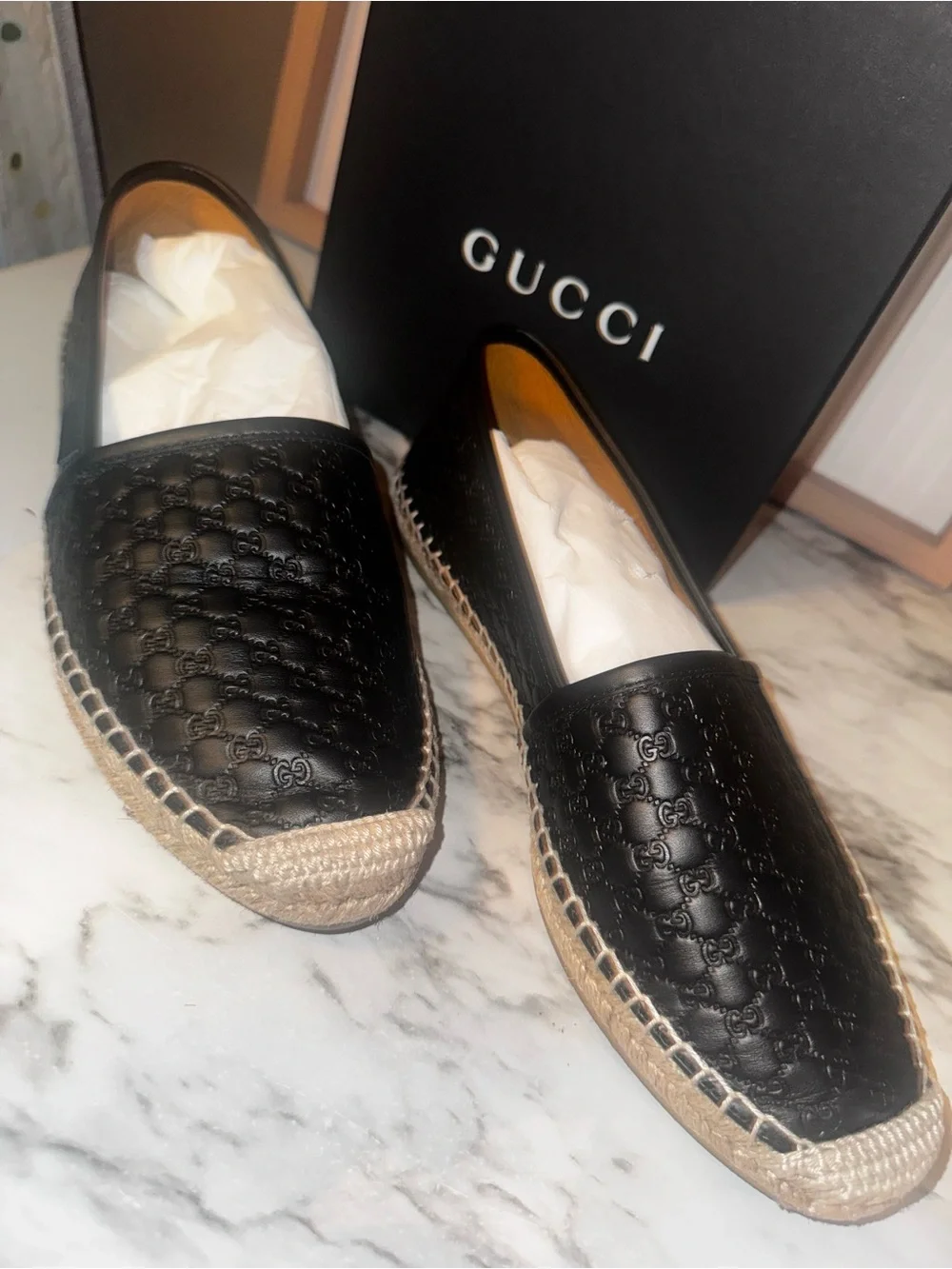 Gucci Black Leather Espadrille Slip-On Mules